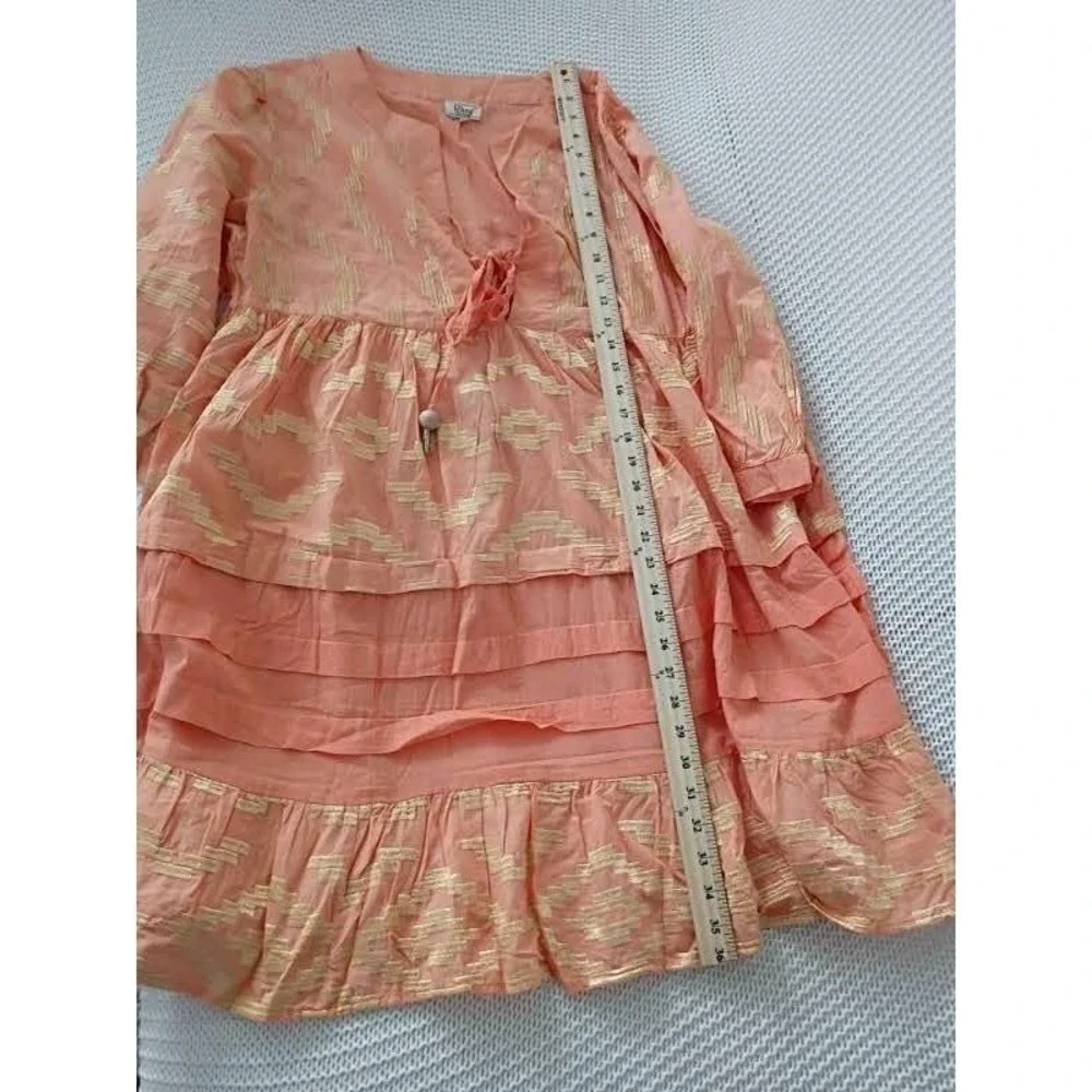 NWT RHEA Peach Gold Metallic Ikat Boho Tiered 100% Cotton Mini Dress L XL V-Neck - Picture 7 of 14